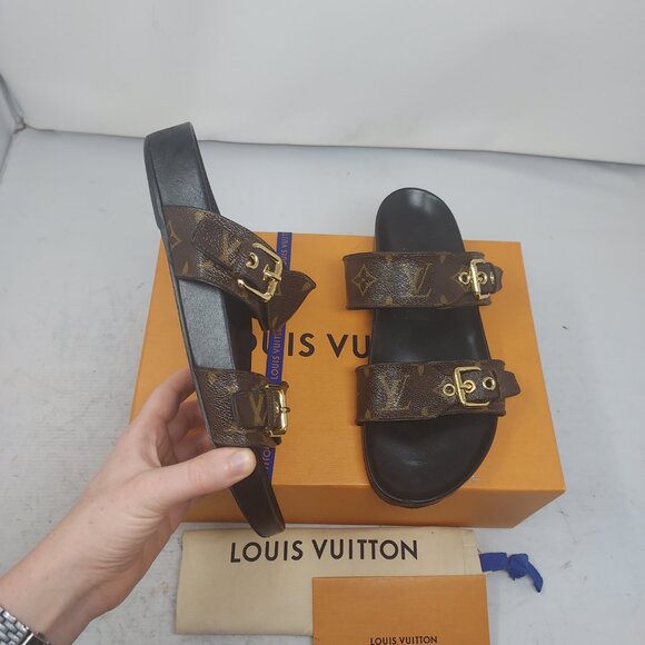 Louis Vuitton Brown Buckle Bom Dia Monogram Flat Slide Sandal - Picture 9 of 13